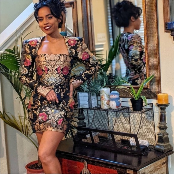 NWOT HOUSE OF CB 'Mona' Jacquard Boned Bustier Long Sleeve Mini Dress Size XS - Picture 4 of 16